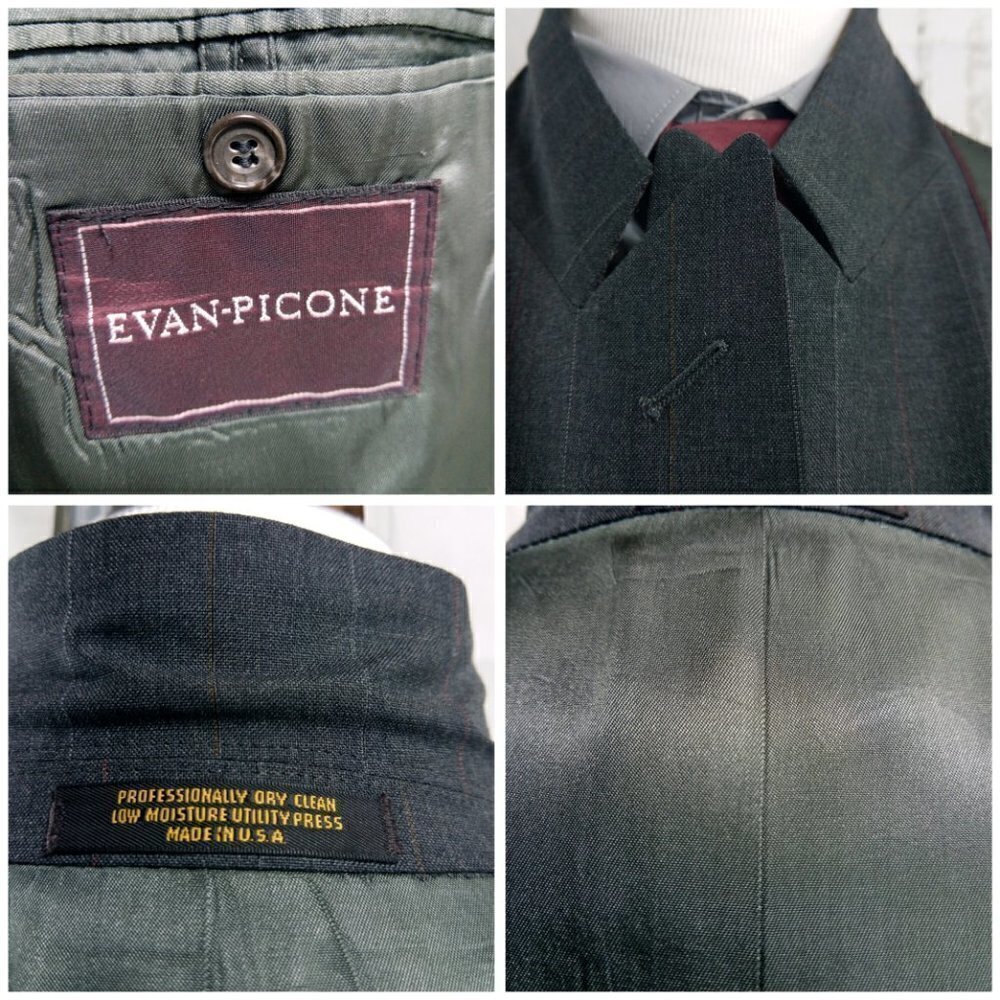 Evan Picone 41R 2 Button Double Breasted Dk Gray Striped Suit Blazer Sport Coat - Picture 7 of 8